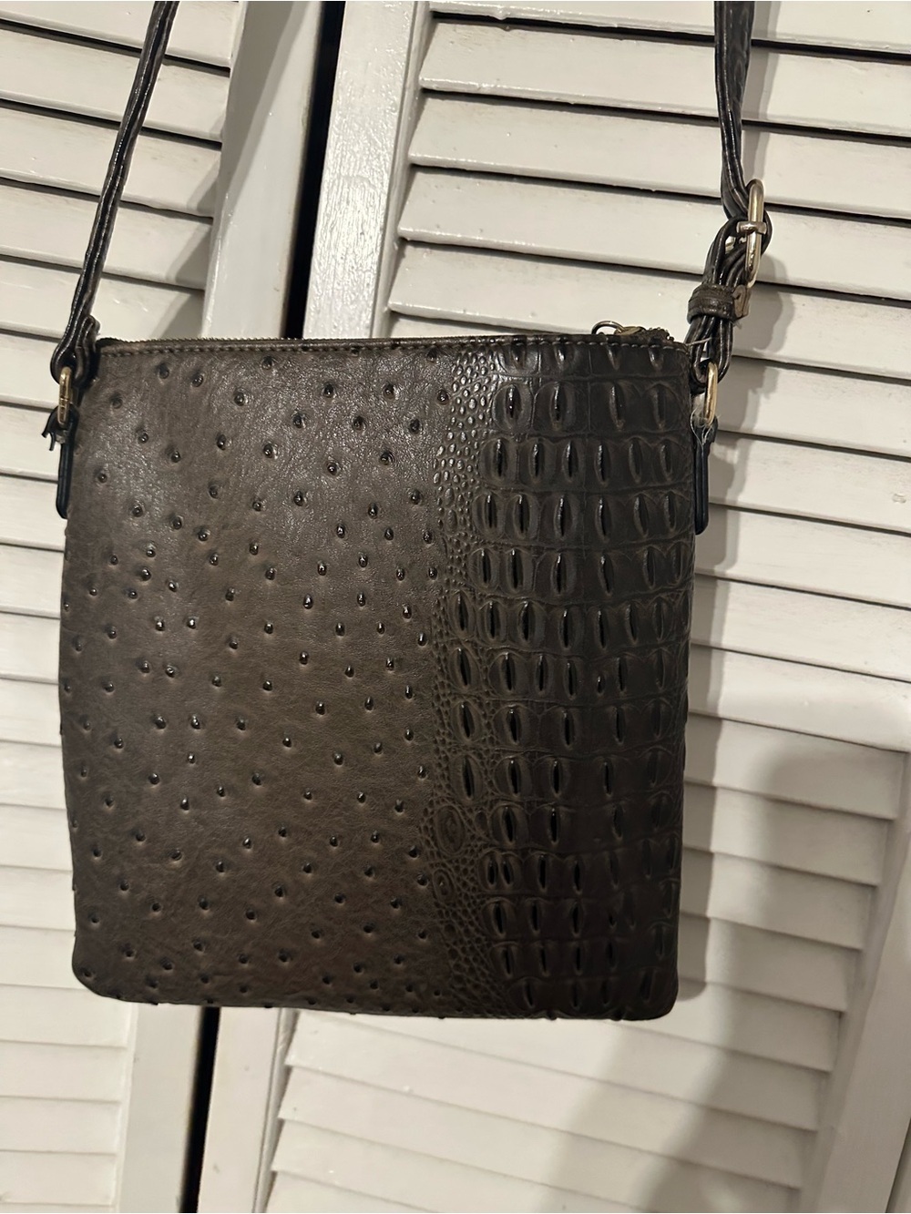Brahmin Dark Brown Ostrich-Embossed Leather Crossbody Shoulder Bag - Picture 3 of 7
